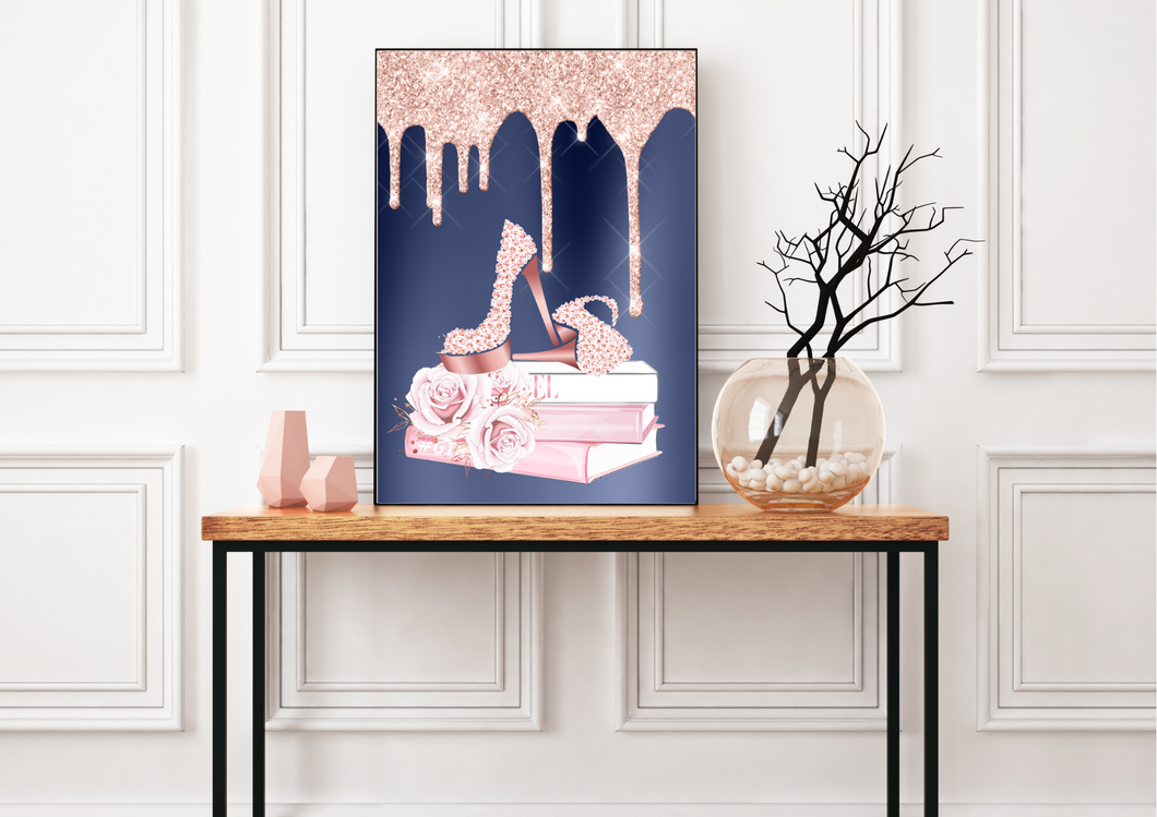 Glamorous Navy Blue Bedroom Glitter Fashion Books Print